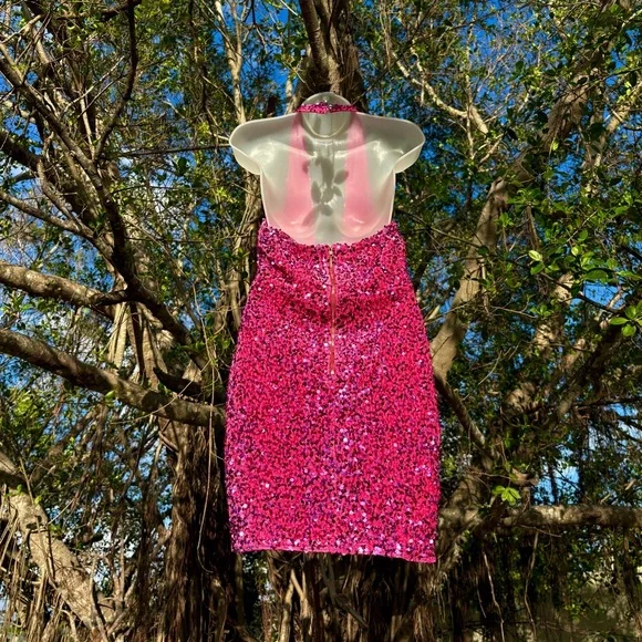 Fashion Nova Pink Sequin Corset Mini Dress Size M 8 Halter Velvet Stretch Party - Picture 4 of 16